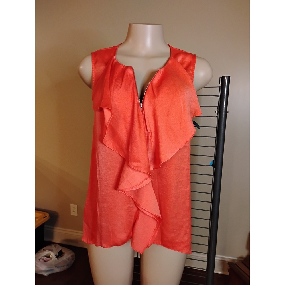 BCBGMAXAZRIA Coral‎ Orange Ruffle Front Zip Sleeveless Satin Top XXS